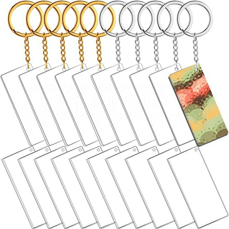 20Pcs Blank Keyrings Acrylic Clear Rectangle Discs Pendant Keychain DIY Making