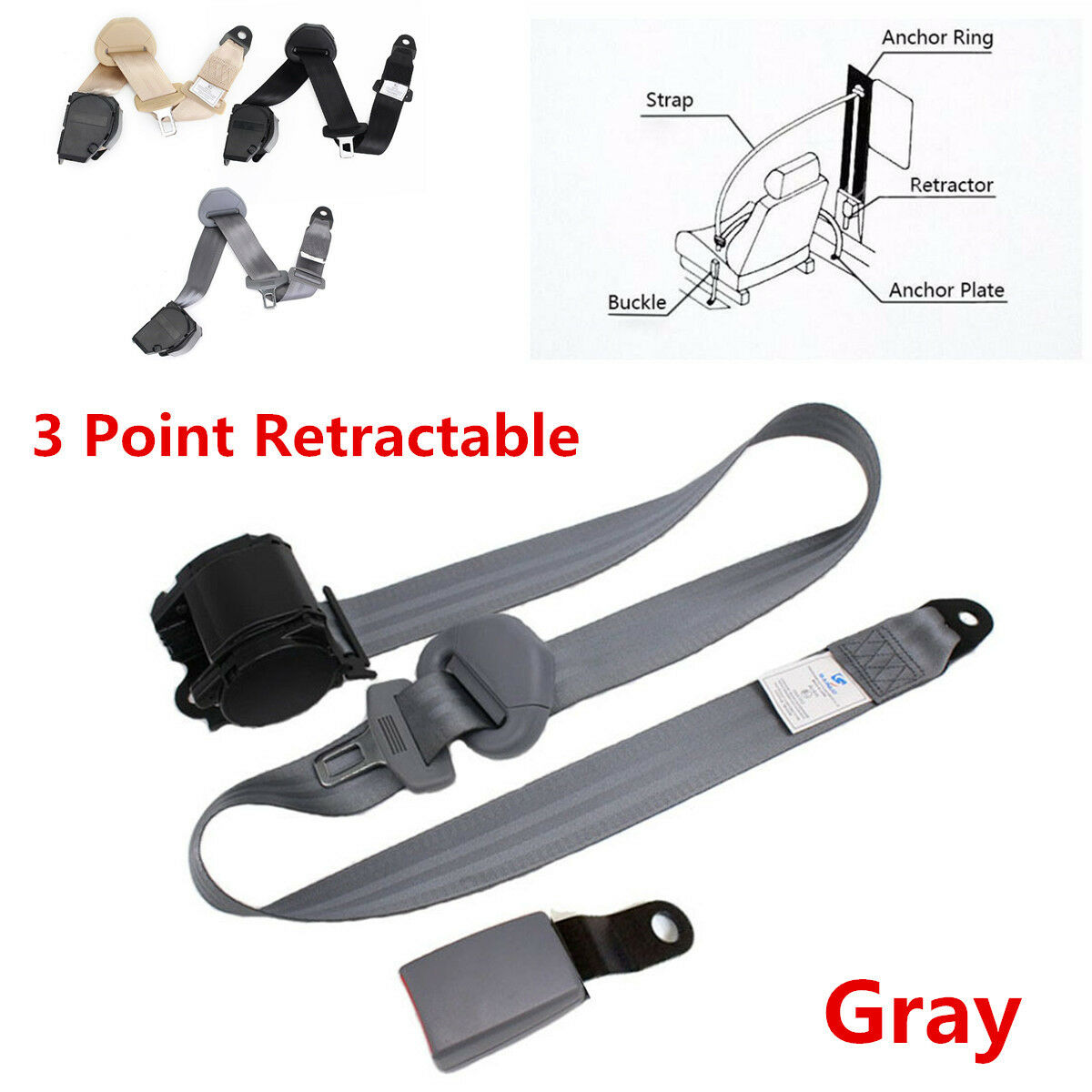 Gray NEW 3 Point Retractable Car Safety Seat Belts Lap With Curved Rigid Buckle