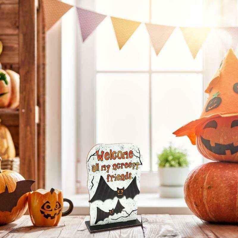 Creepy Friends Tombstone Wooden Sign Cartoon Bat Halloween Table Topper Decor
