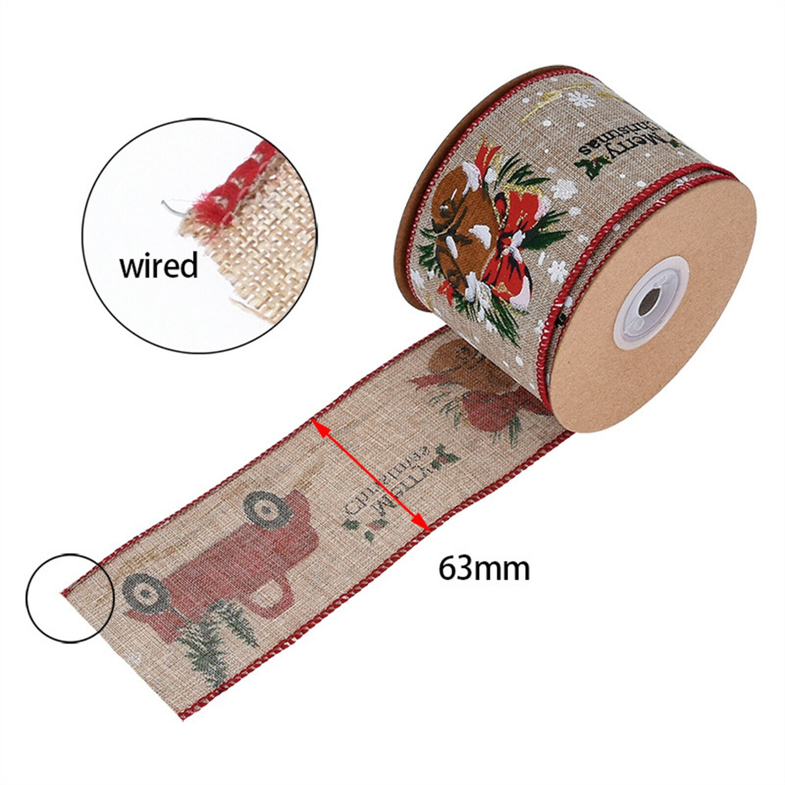 10Yds Christmas Ribbon Wired for DIY Gift Wrapping Bow Wedding Winter Party
