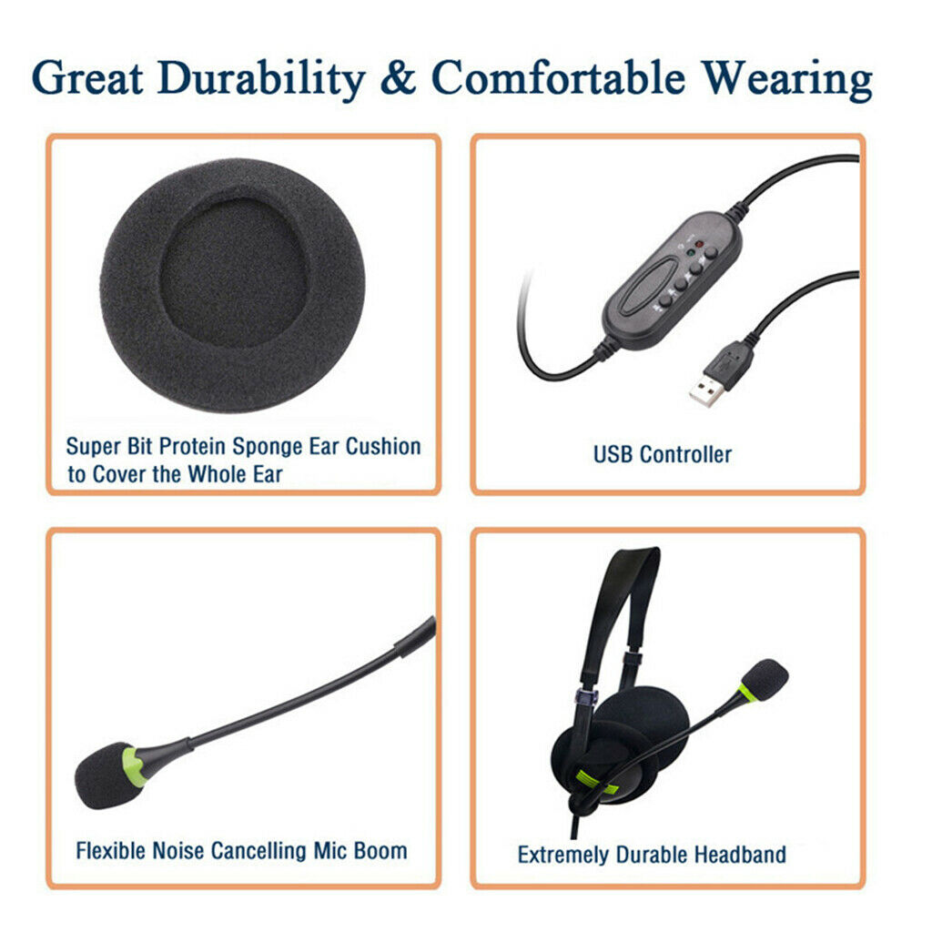 USB Headset Wired with Microphone MIC Computer Headphones for Call PC Laptop