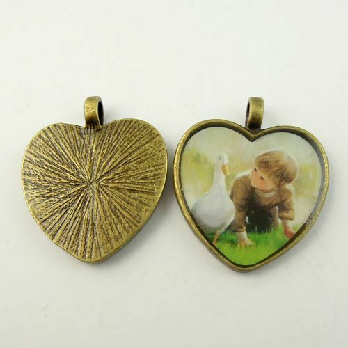8 pcs Antiqued Bronze Metal Heart Pendant Epoxy Photo Image Boy and Duck 29*28mm