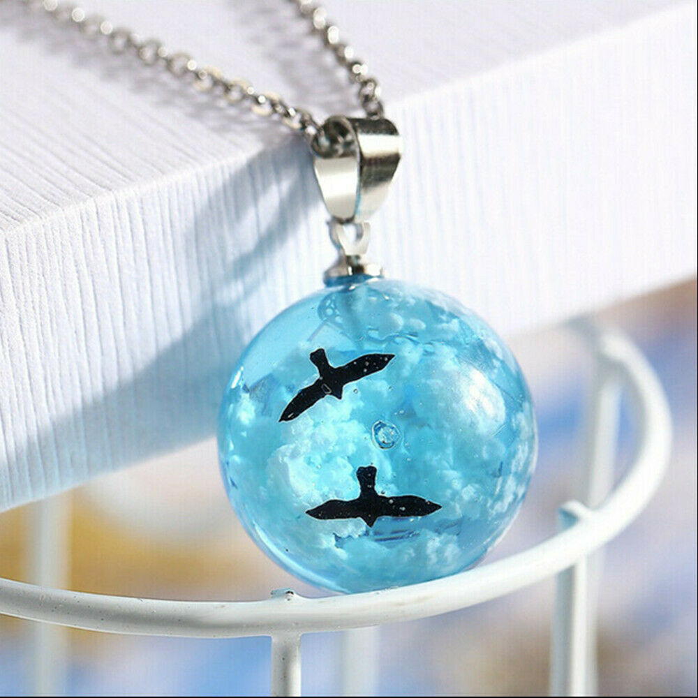Charm White Clouds Blue Sky Birds Glass Ball Pendant Necklace Terrarium 2.8cm