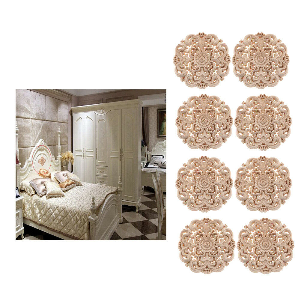 8pcs Round 4" Wood Carved Applique Onlay Cabinet Furniture Home Decoration