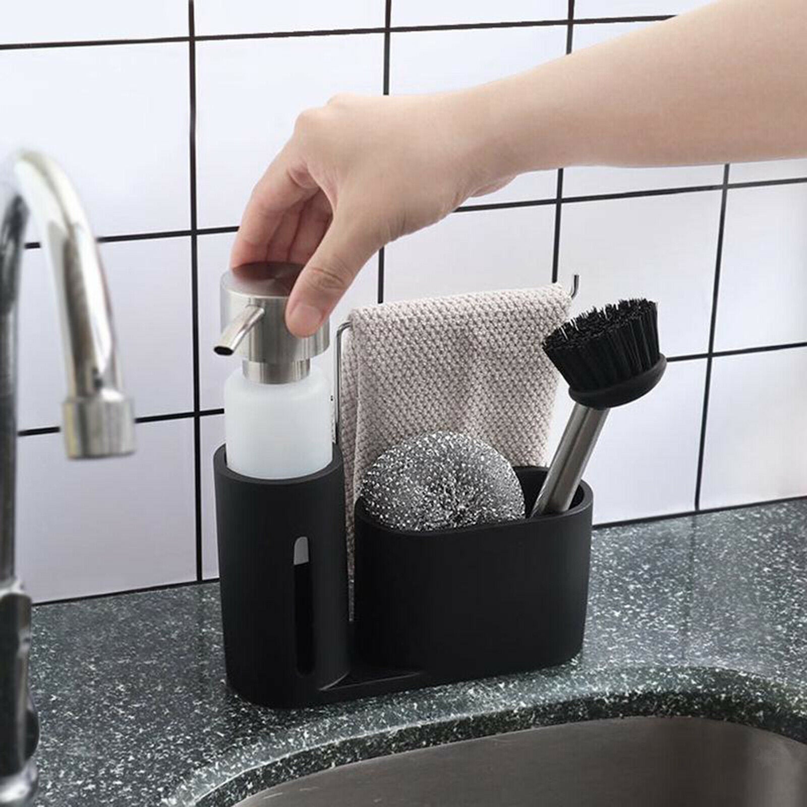 Kitchen Soap Dispenser Brush Rag Storage Holder Caddy for Sink Bathroom