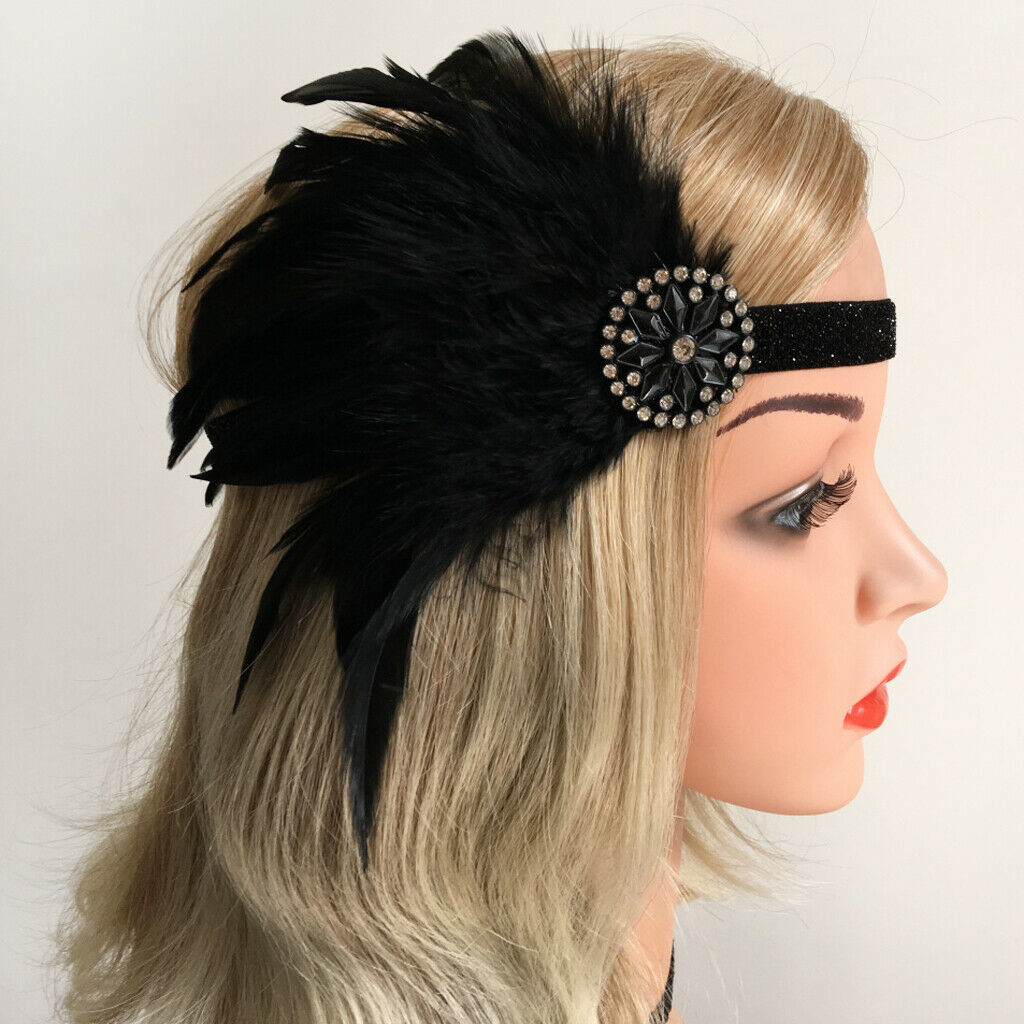 Feather Elastic Headband Flapper Fascinator Beads Hairband Headwrap Wedding 20s