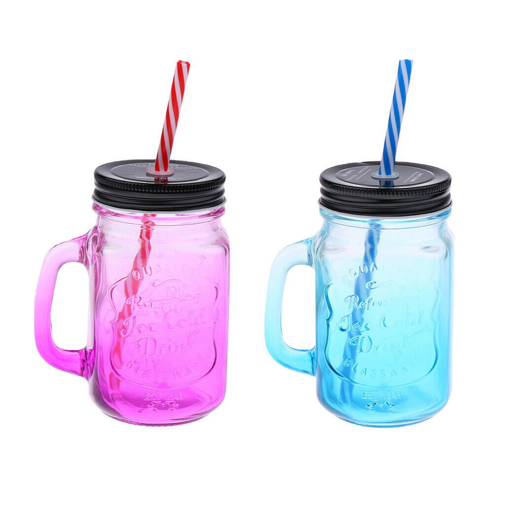 2Pcs/Set Retro Gradient Color Jars Mugs Glass w/ Handles Lids & Straws Gifts