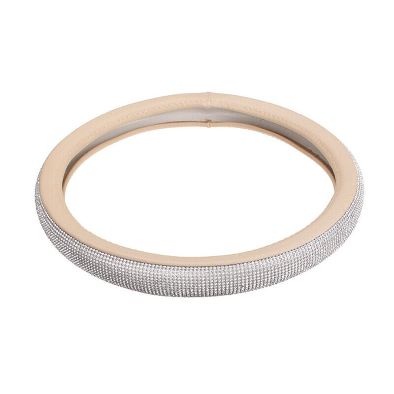 15'' Beige Crystal Front Car Steering Wheel Cover w/ Bling Rhinestone PU Leather