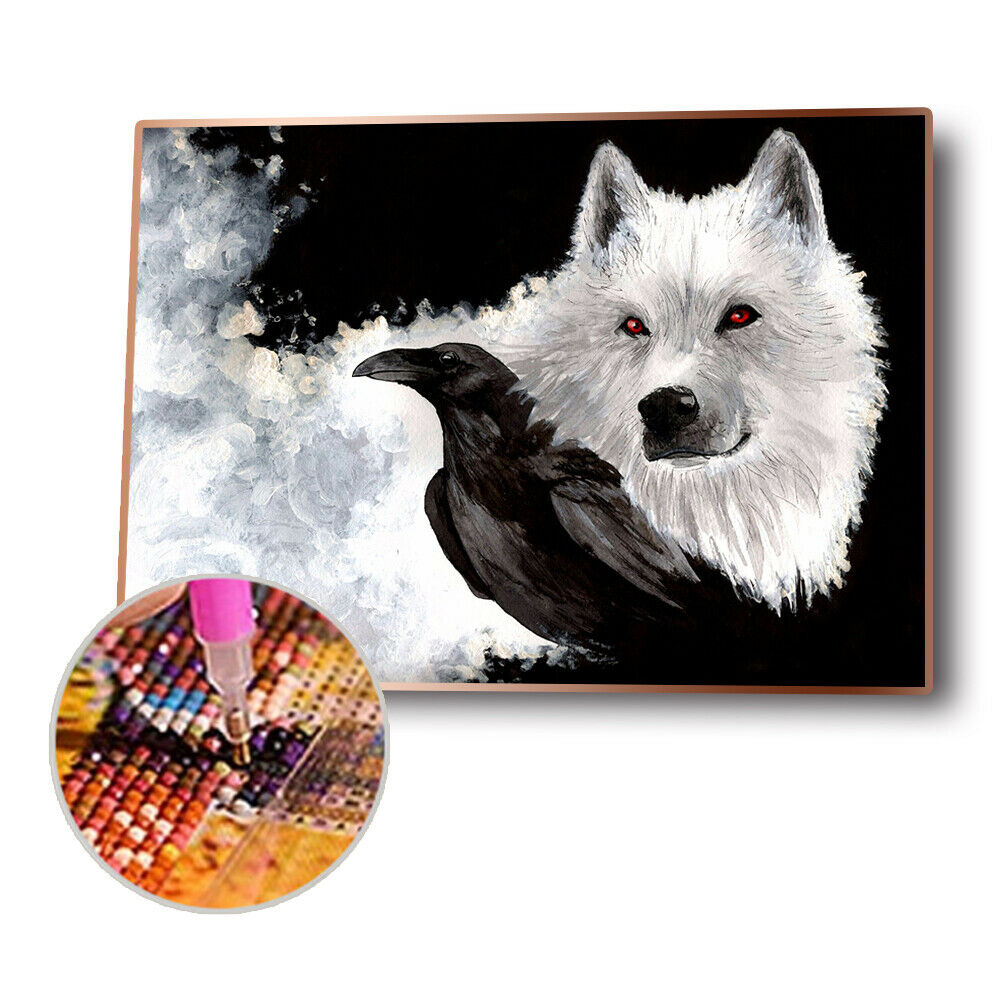 5D DIY Diamond Painting Wolf Black Bird Full Round Drill Canvas Drawing Kit @