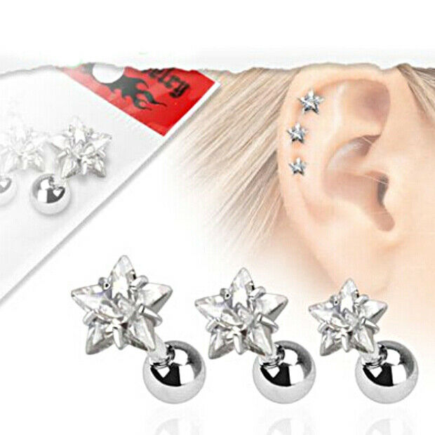 Pack of 3 316L Steel Star Zircon Studs Ear Studs Rhinestone Body Piercing
