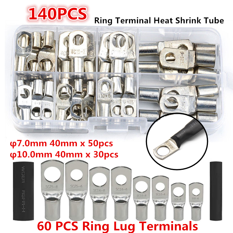 140PCS Battery Copper Cable Lugs Crimp Ring Terminals Electrical Wire Connectors