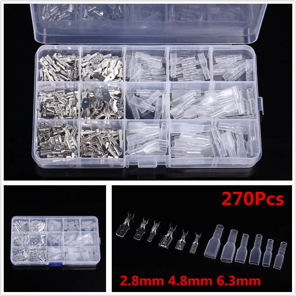 270pc Male Female Spade Connector Wire Crimp Terminal Block w/ Insulating Sleeve
