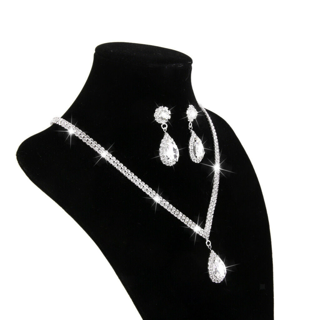 Wedding Prom Bridal Crystal Diamante Tear Drop Necklace Earring Jewelry Set