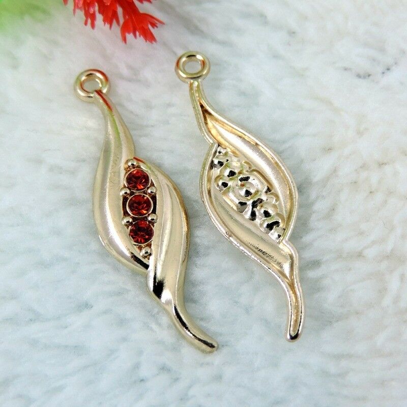 24 Golden Alloy Twisted Charm Red Rhinestone Pendant Earring DIY Jewelry 37*10mm