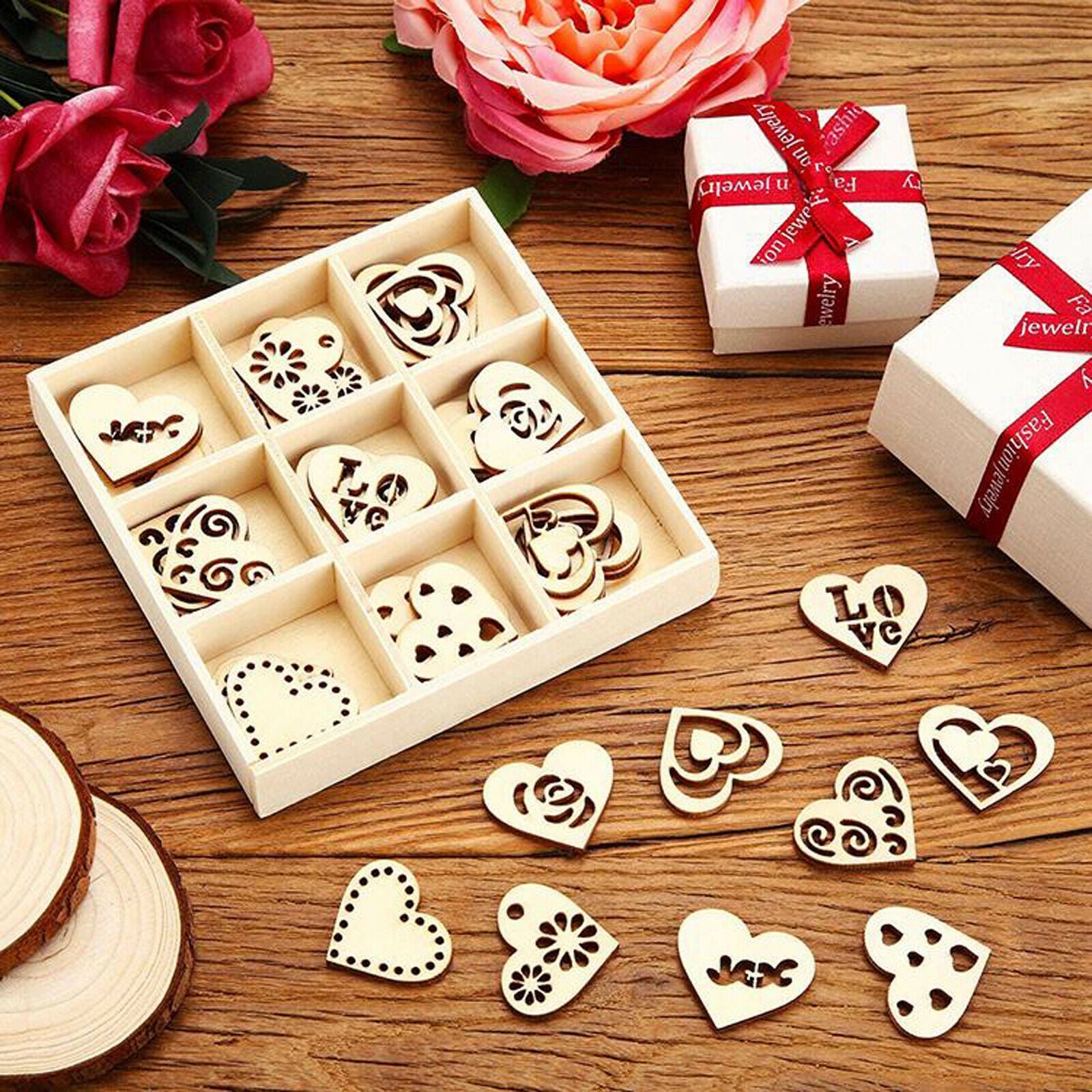 45Pcs Wooden Ornaments Heart Wood Embellishments Crafts Set Hollow Design with