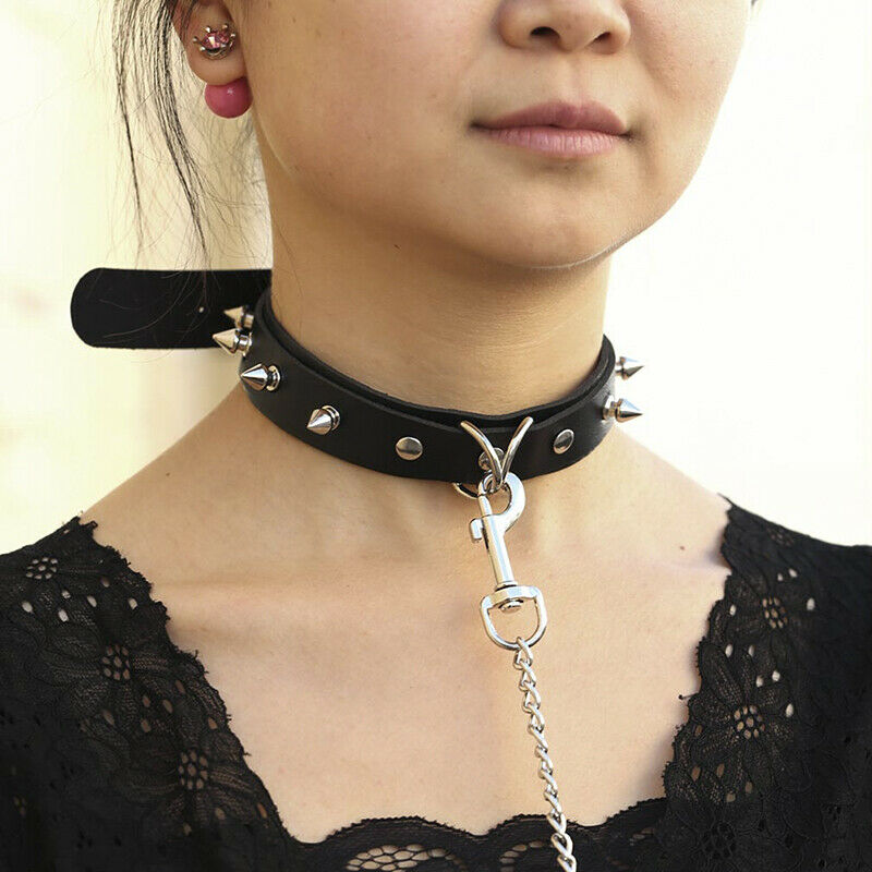 Punk Lady Gothic Slave Leather Choker Chain Spike Rivet Buckle Collar Necklac Qx