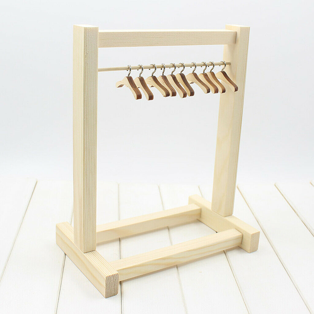 Handmade Wooden Clothes Hanging Stand with 10pcs Hook Hangers for 12'' BJD