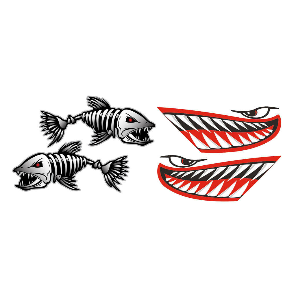 4 Pieces Kayak Boat Shark Teeth Mouth with Fish Skeleton DIY Decals Stickers