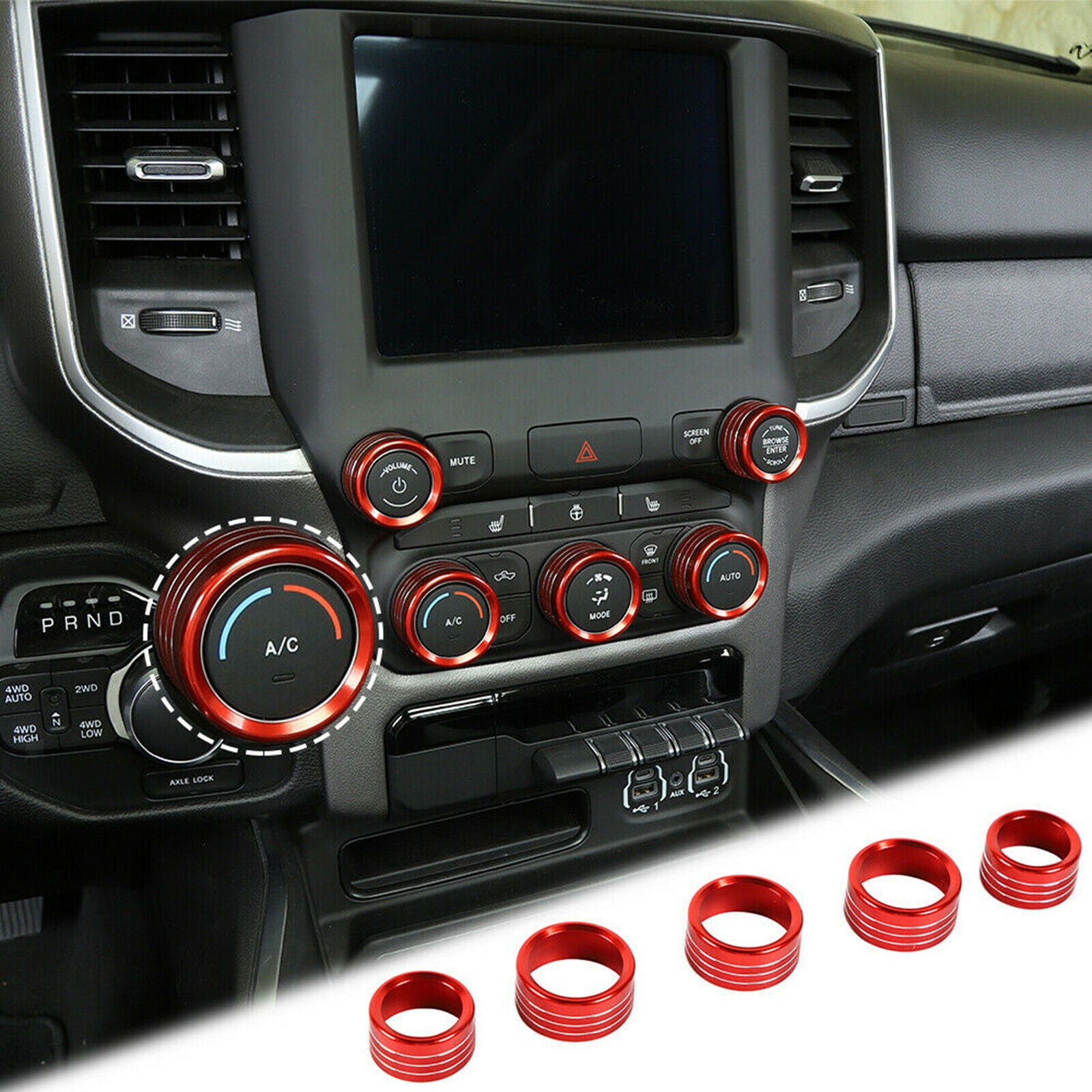 Center Console AC Radio Switch Knob Cover Rings For Dodge RAM 1500 2018+ Red