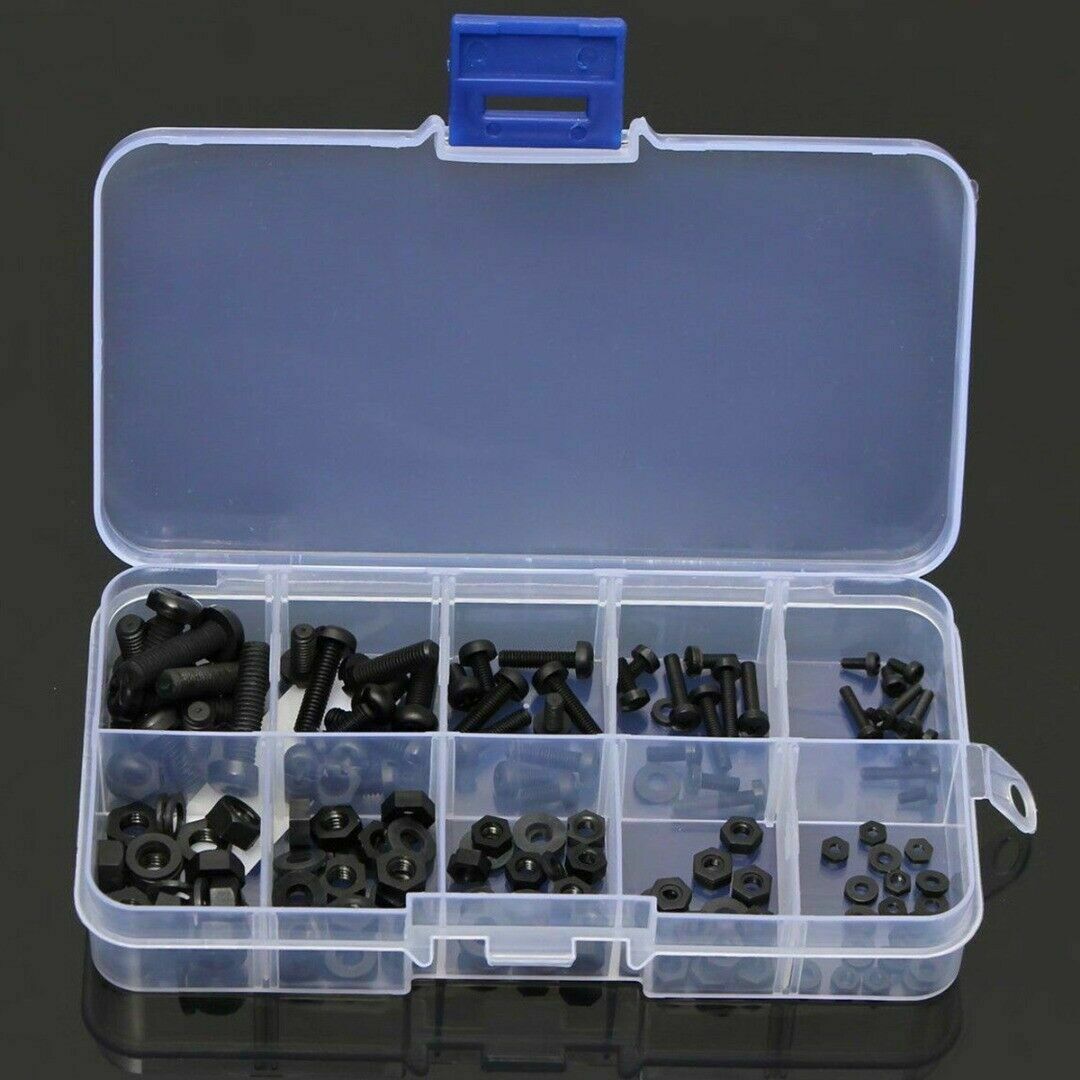 150Pc M2 M2.5 M3 M4 M5 Nylon Hex Screw Bolt Nut Standoff Spacer Box Set Black