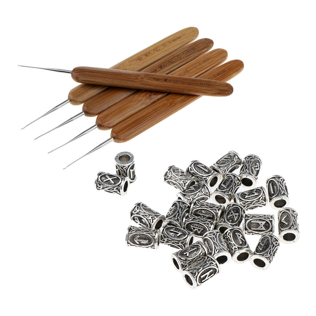 5x Hair Weaving Crochet Hook Needle Braid Craft 0.5mm + 24x Dreadlock Beads