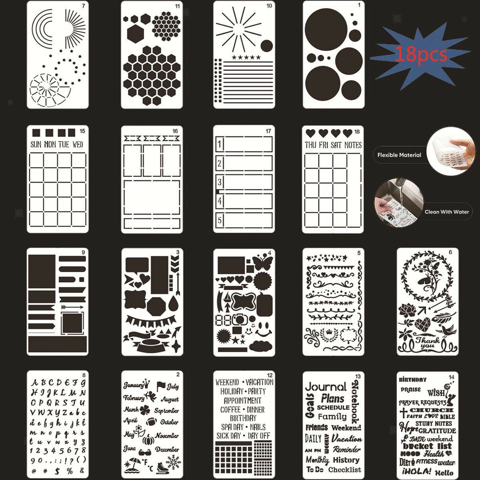 18x Paint Stencils Drawing Template Washable Reusable A5 Book Card Journal Decor
