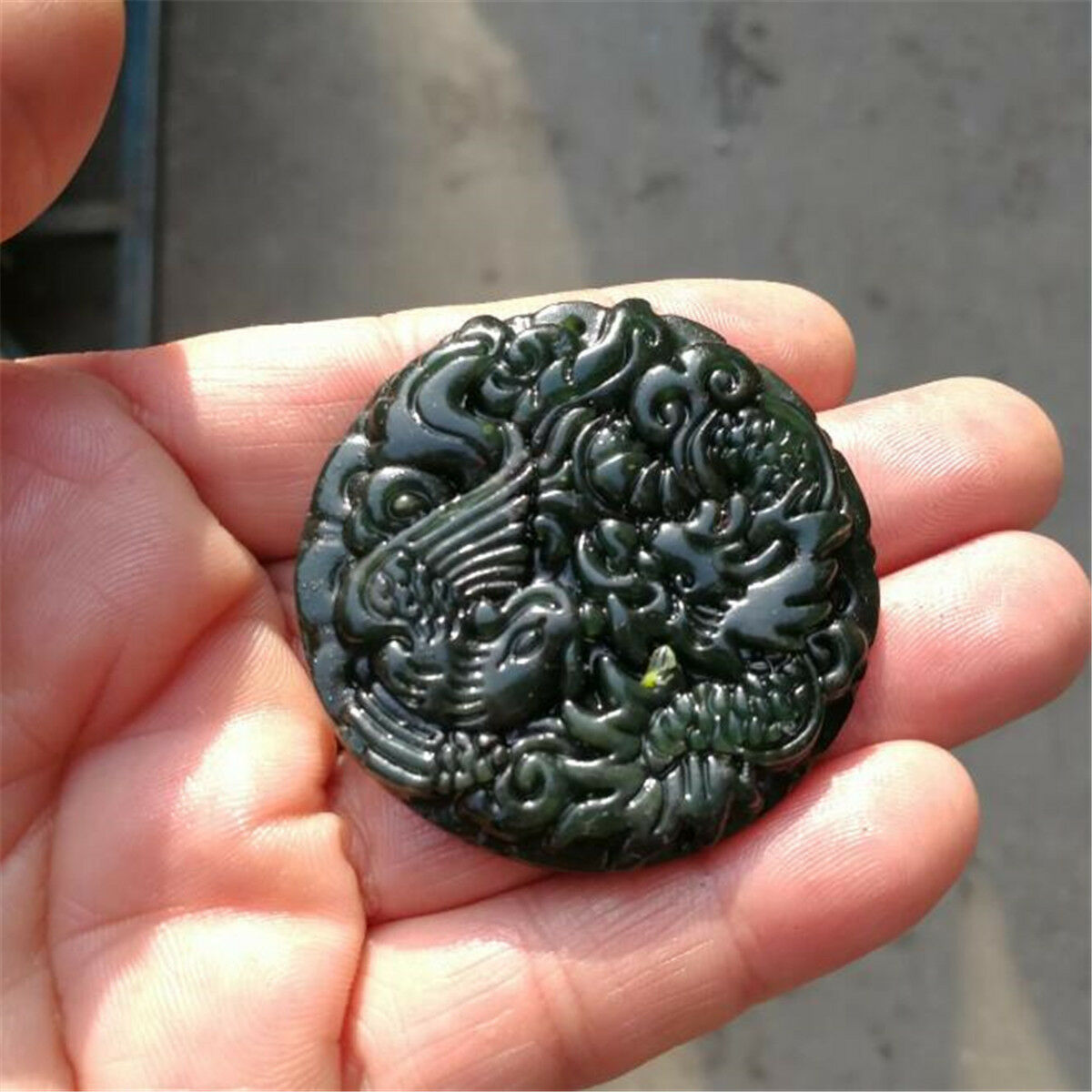 Chinese Natural Black Green Jade Pendant Dragon & Phoenix Good Lucky Amulet Gift