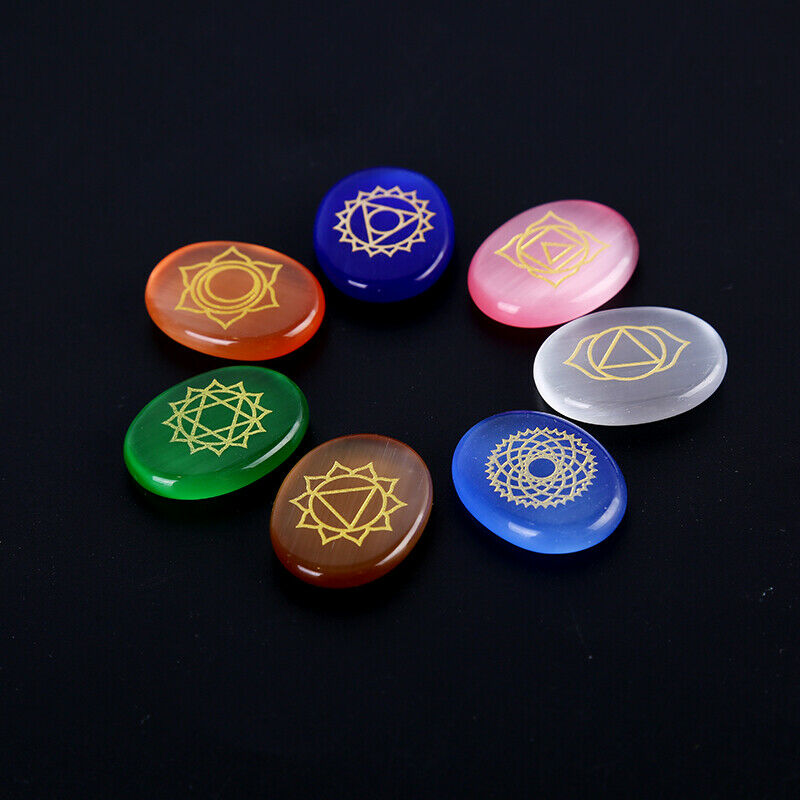 7pcs/Set Engraved Chakra Stone Palm Stone Crystal Reiki Healing Symbols StonBDA