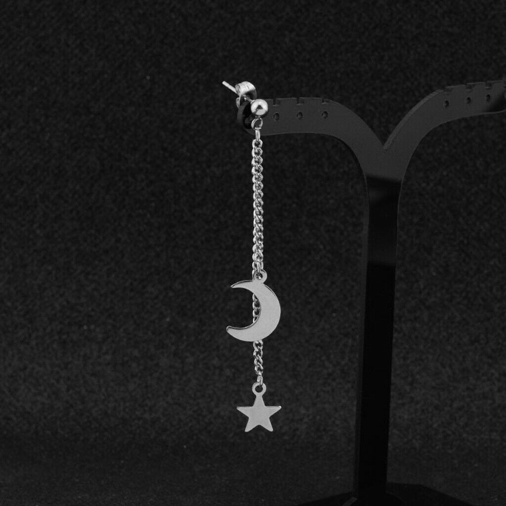 Titanium Steel Moon and Star Tassel Dangle Drop Pendant Earring Korean Jewelry