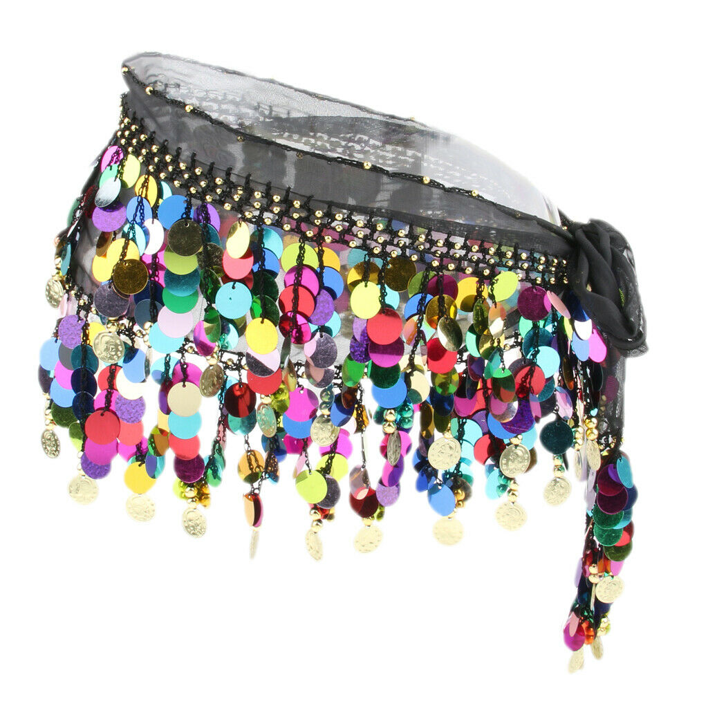 Women's Sequins Beads Belly Dance Skirt Hip Scarf Waistband Belt Black