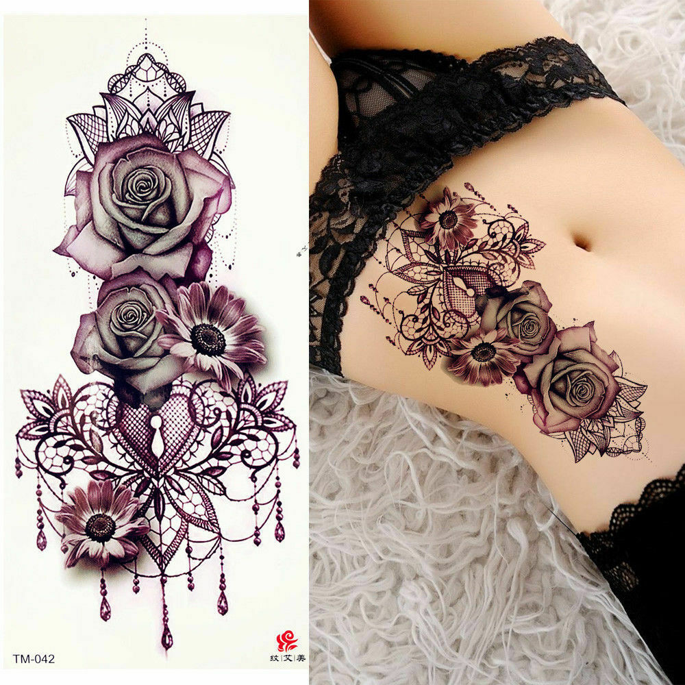 Sexy Purple Rose Flower Arm Leg Tattoo Women Temporary Body Art Tattoos Stickers