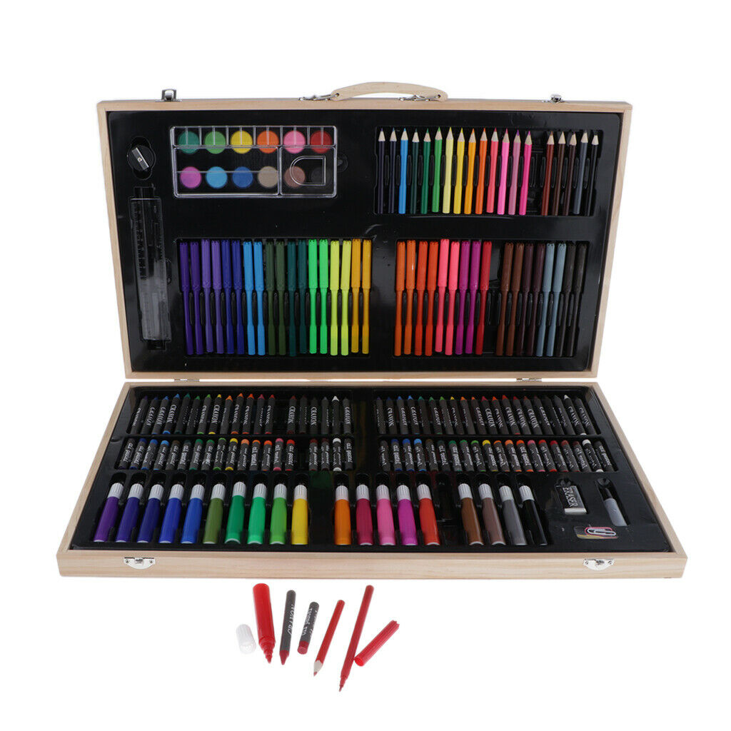 180Pcs Art Set in Wooden Case with Color Pencils, Oil Pastels, Watercolor Cakes,