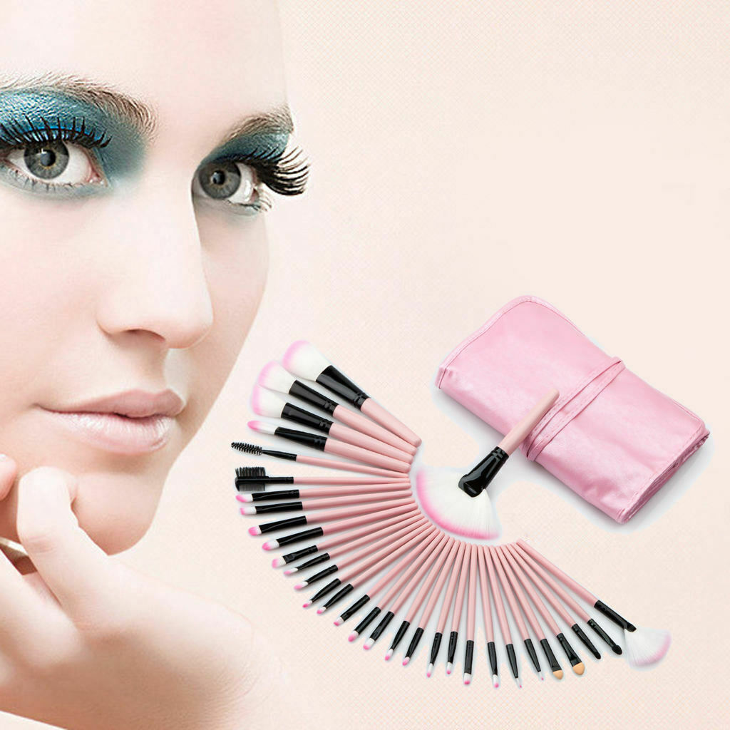 32Pcs Pink Wood Make Up Brushes Kit Set Synthetic Wooden Handle with Bag