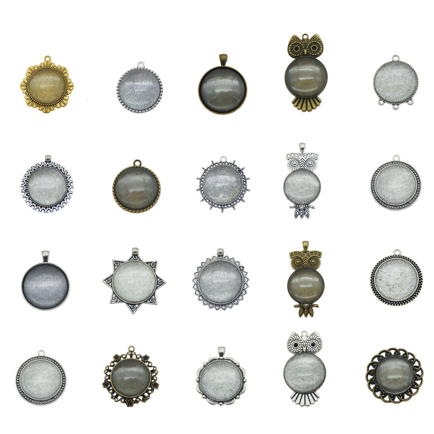 5 sets Metal Blanks with Round 30mm Clear Glass Cabochons Pendants Send Randomly