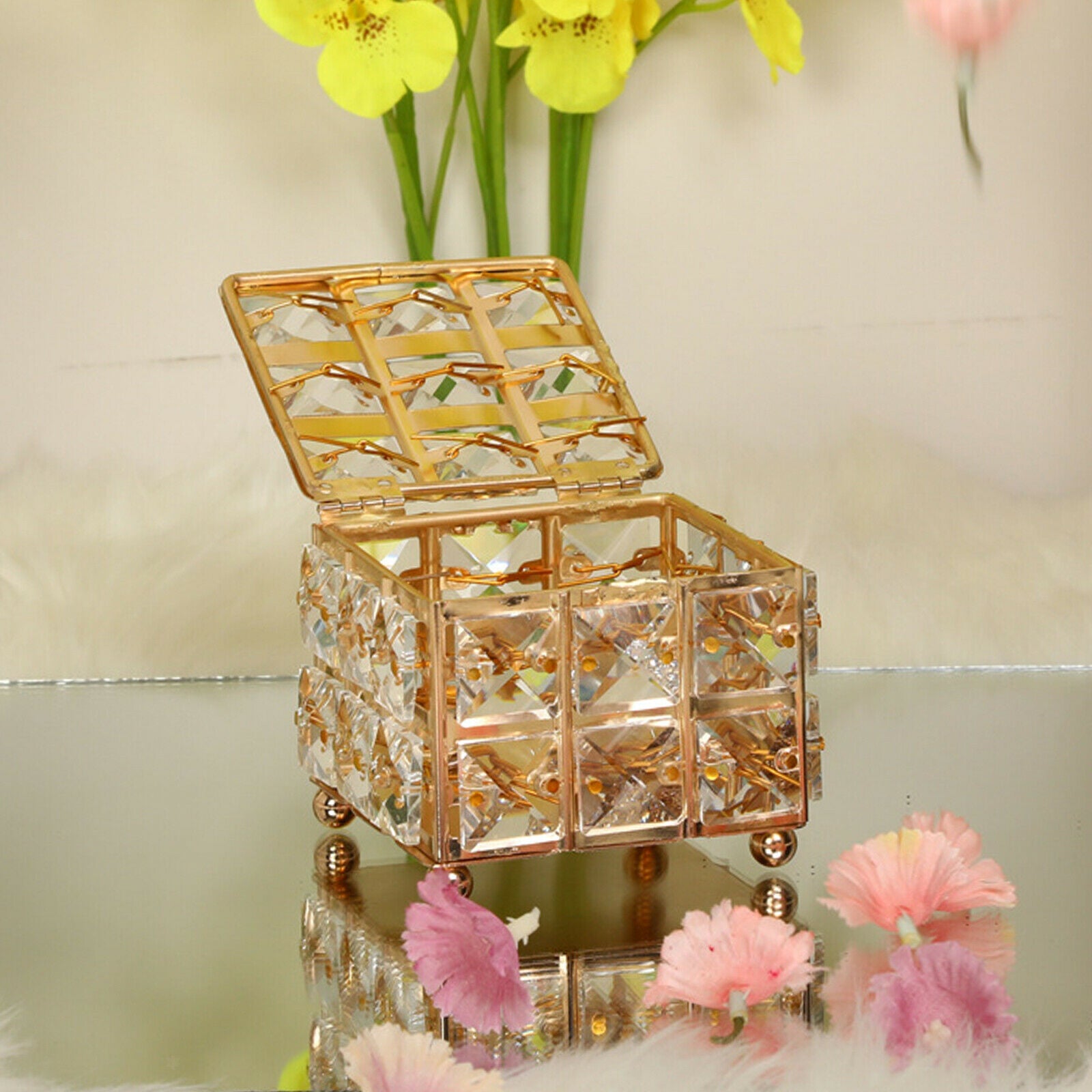 Golden Crystal Jewelry Box Bracelet Beads Trinket Storage Case Holder Gift