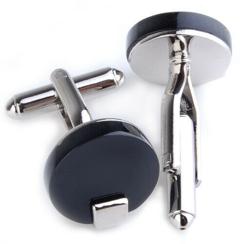 Stainless Steel Men Cuff Link Cufflinks - Black Stone+Wide Fine Thread Knot