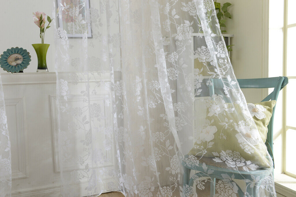 Flocking Peony Sheer Voile Curtain Window Balcony
