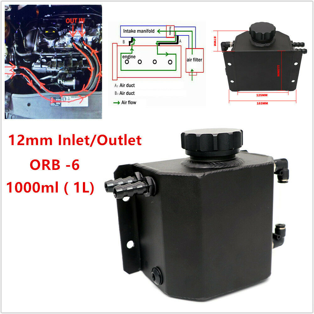 Car 1000ml Aluminium Oil Catch Can Tank Reservoir w/ Drain Plug Black 12mm Inlet