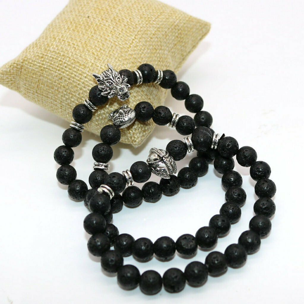 Unisex Black Lava Stone Beaded Charm Bracelet Bangles Jewelry Helmet