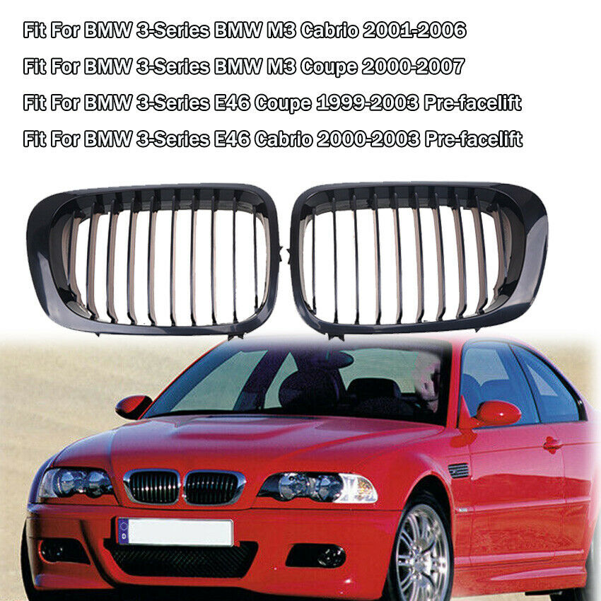 2x Front Kidney Grill Grille Gloss Black For BMW 3-Series E46 M3 Coupe 2000-2007