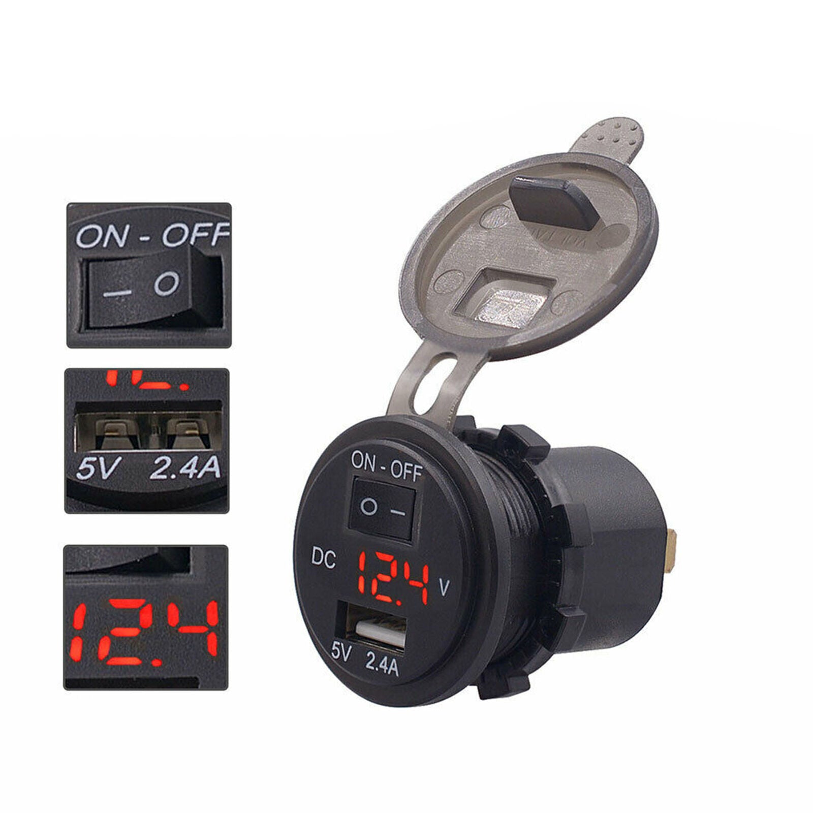 12V/24V USB Fast Charger Socket Outlet On&Off Switch For Car Motorcycle