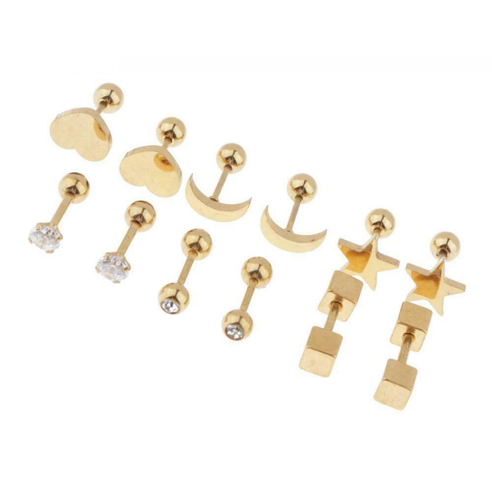 Pairs Women's Stainless Steel Ball Back Earrings Star Heart Moon Ear Studs