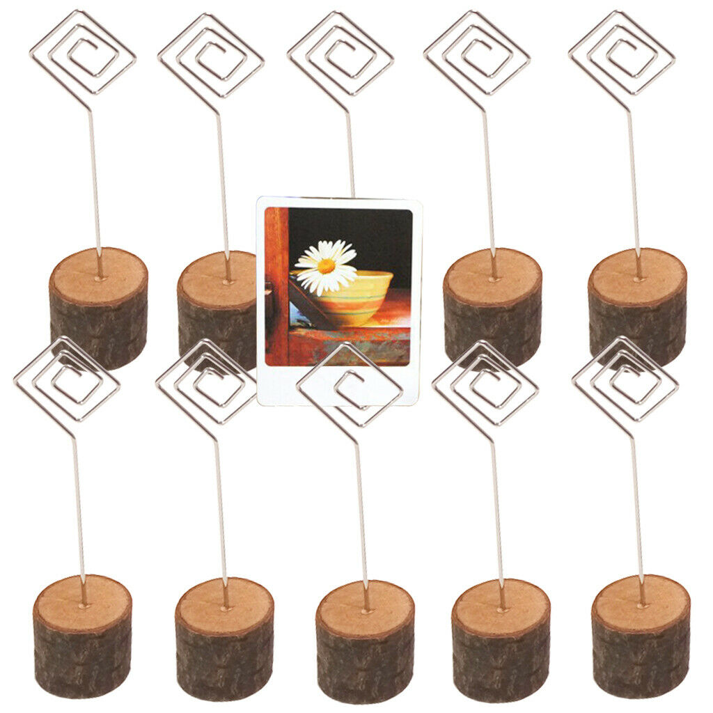 10x Card Holders Table Number Stands Swirl Wire Wooden Base Clip Wedding