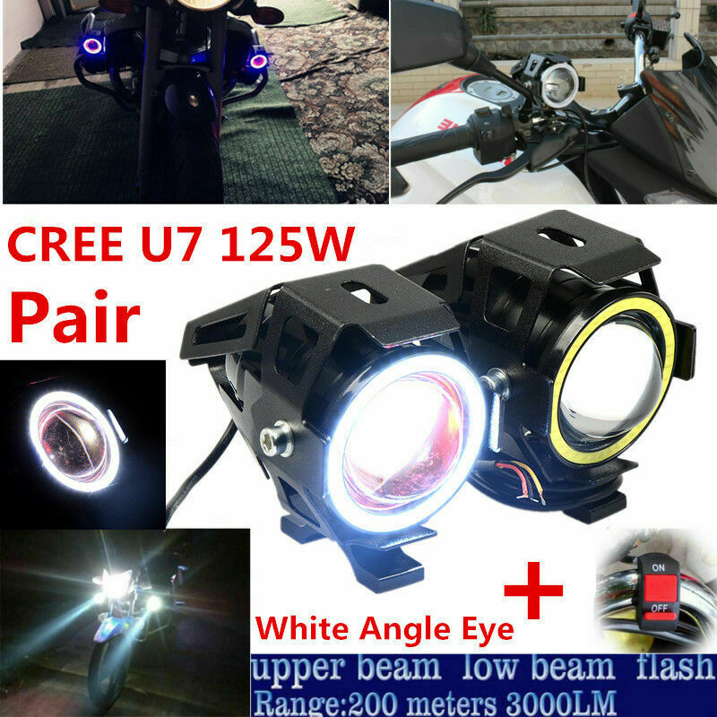 2xCREE U7 LED 125W Motorcycle Headlights Driving Fog Lights Spot Lamp DRL+Switch