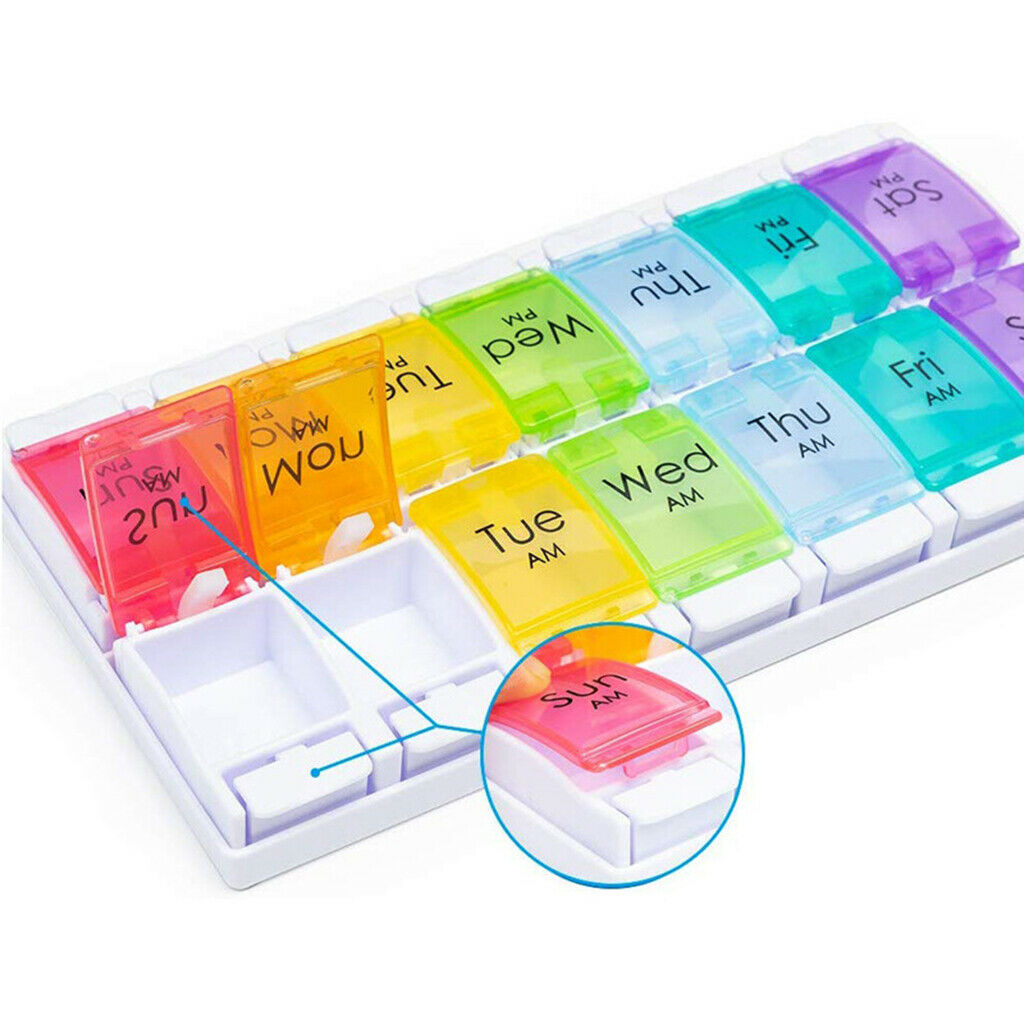 7-Day Weekly Pills Organizer 2 Times a Day Push Button Daily Colored Case