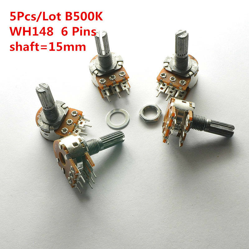 5Pcs B500K 500K WH148 15mm 6 Pin Dual Stereo Linear Potentiometer Double Rotary
