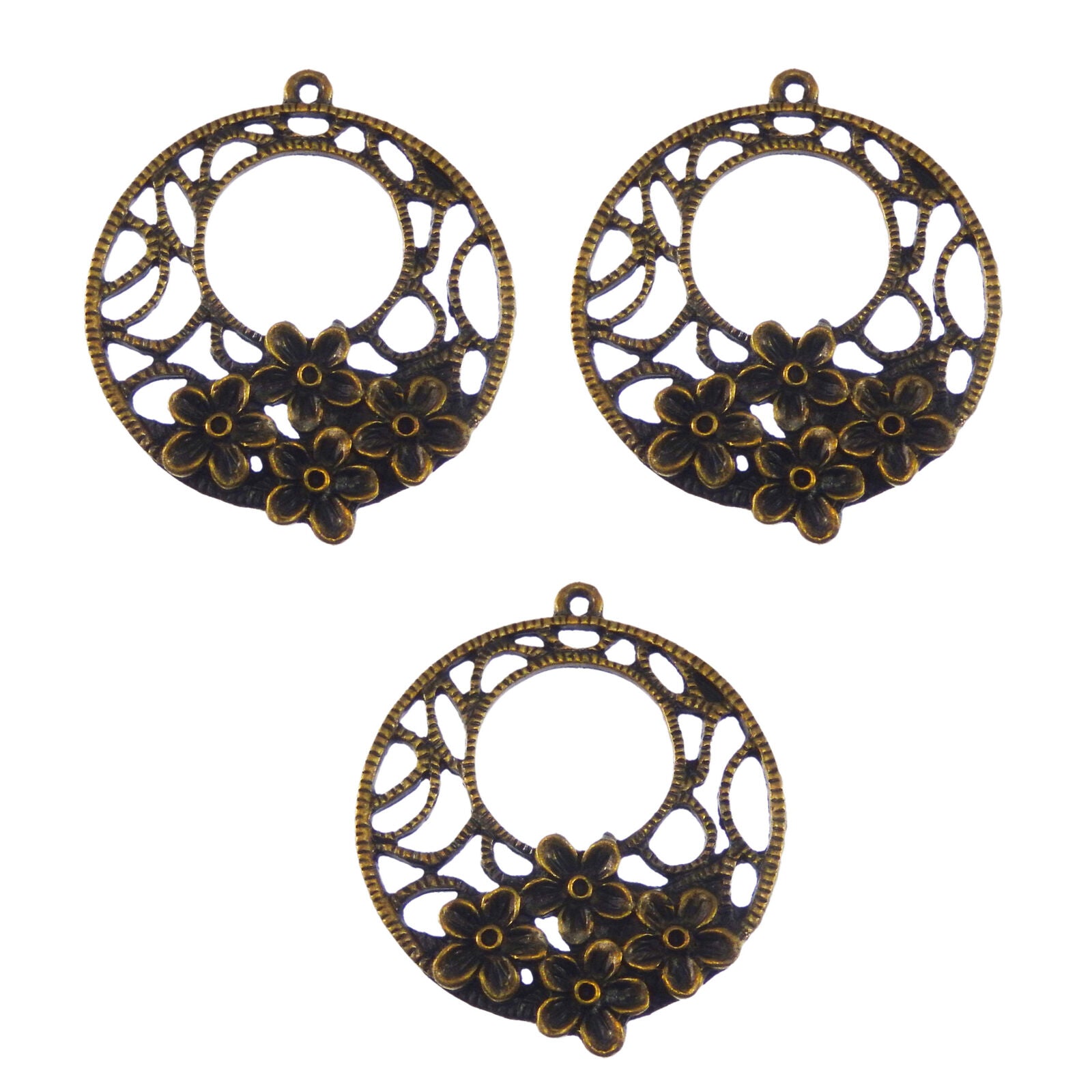 12 pcs Antiqued Bronze Alloy Hollow Floral Charm Round For Pendant Dangle 35mm
