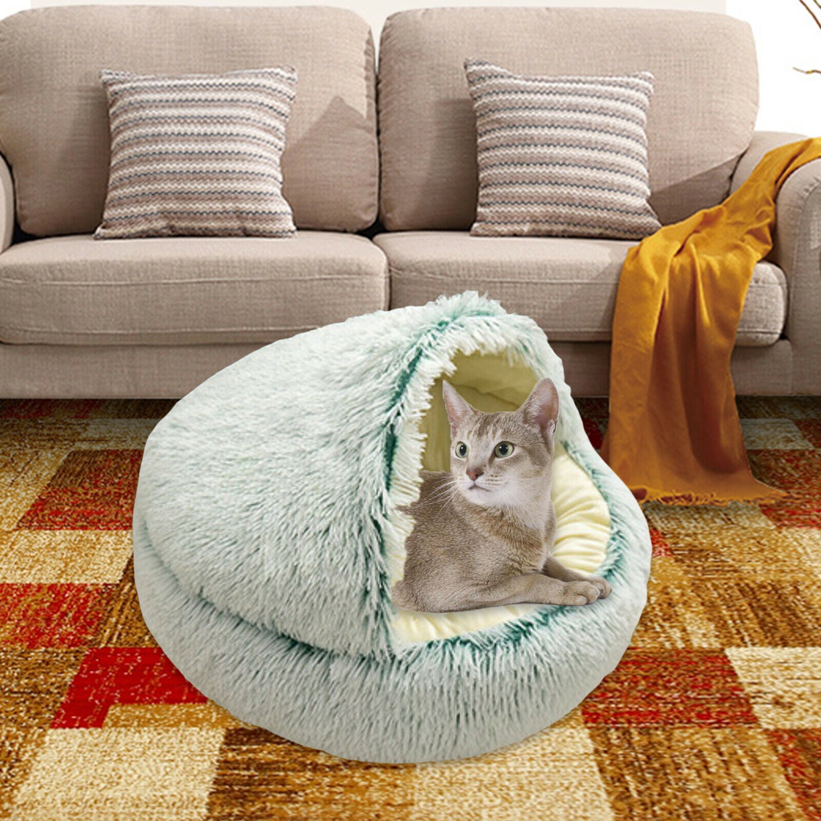 Round Plush Pet Dog Cat Bed Fluffy Warm Calming Sleeping Kennel 60cm Green