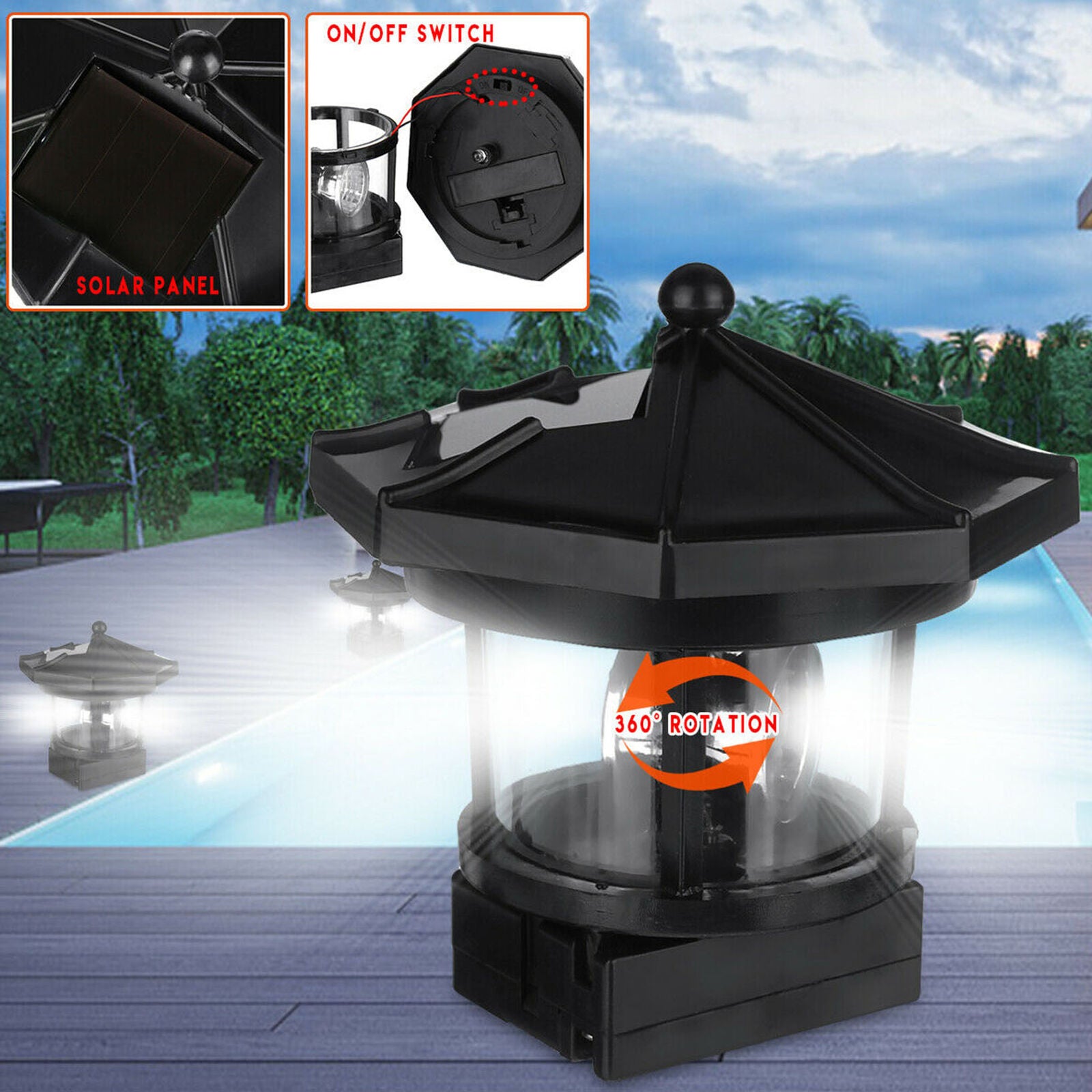 Solar Powered LED Lighthouse Rotating Lamp Garden Light Outdoor Decor Yard Patio