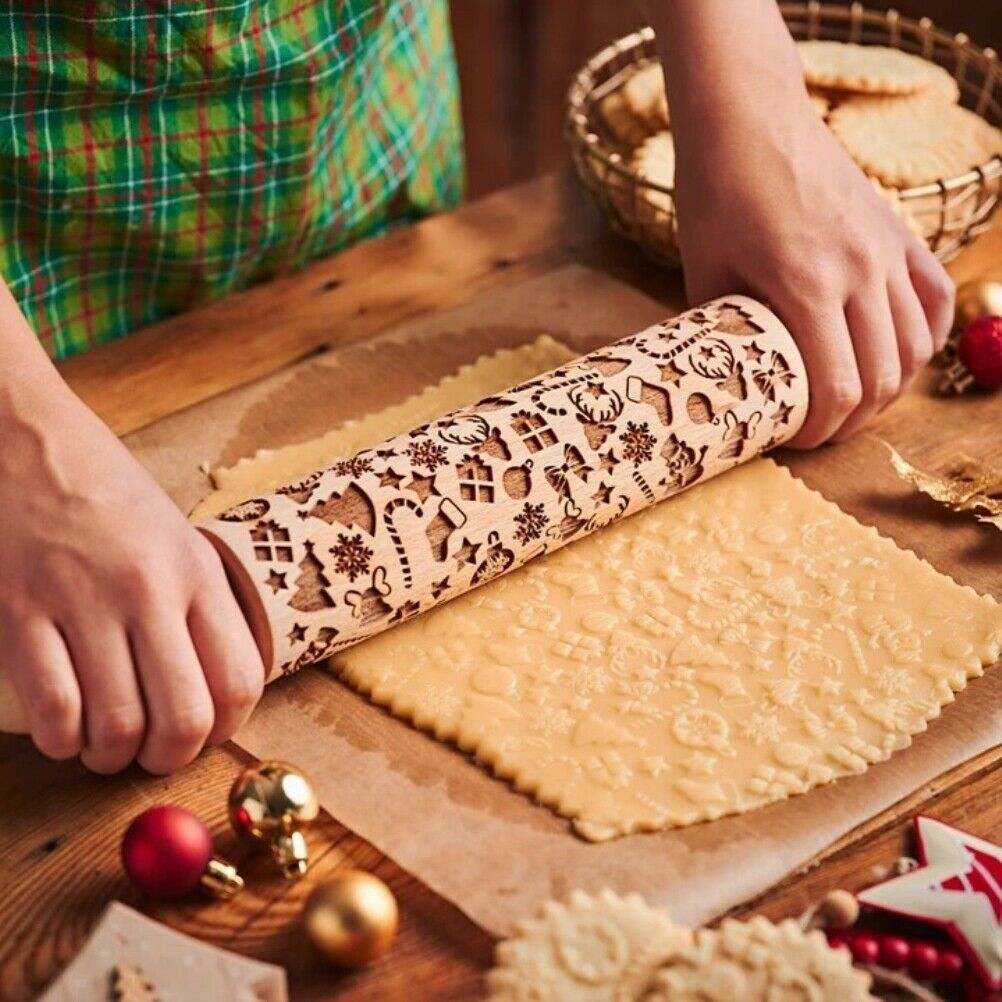 Natural Wood Wooden Embossing Christmas Rollers Rolling Pin for Baking Tools